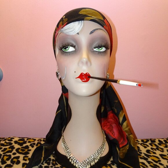 Vintage Kathie Lee Collection Extra Large Floral Scarf black roses head wrap bow - Picture 14 of 16